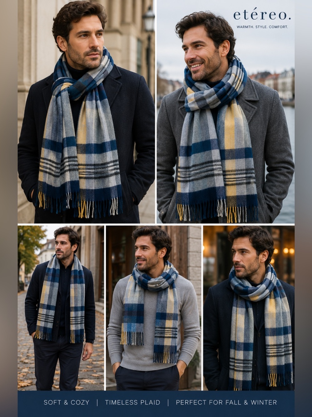 Etereo blue yellow plaid check warm fall winter soft scarf 💥
